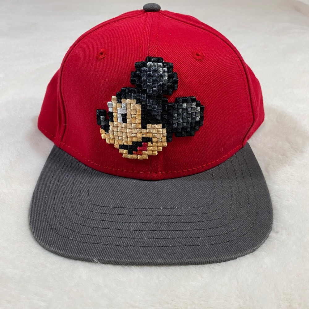 Disney Parks Mickey Mouse Pixel Art Youth Baseball Cap Hat Red Gray